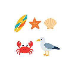 Fototapeta premium Colorful Beach Travel Icons with Surfboard Starfish Shell Crab and Seagull