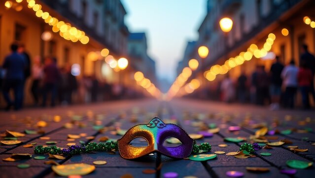 Wide parade street scattered with colorful beads and masks for Mardi Gras, float lights glowing through evening haze, warm festive glow with soft flicker