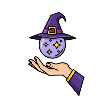 Crystal ball wearing a wizard hat floating above a human hand