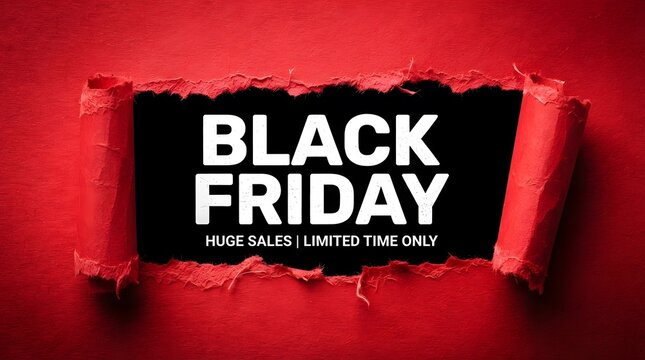 Black friday sale banner with bold white text on a black background revealed through a torn red paper effect, creating a striking contrast for retail promotions