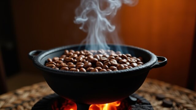 Ethiopian coffee ceremony beans roasting over a wide charcoal brazier, smoke curling upward, woven mat backdrop, warm amber firelight glow