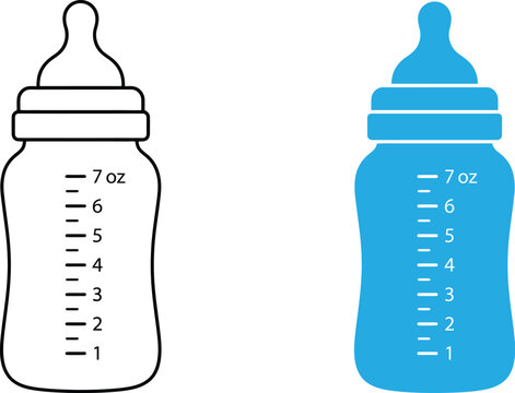 Baby bottle icon set with measurement scale in outline and blue filled style