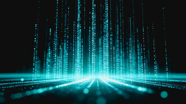 Teal glowing digital light streams rise from a futuristic digital plane, representing data and technology concepts.