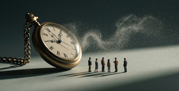 Giant pocket watch disintegrates into dust with small people watching. Time passing concept shows impermanence urgency deadlines and finite moments. Life slips away fast.