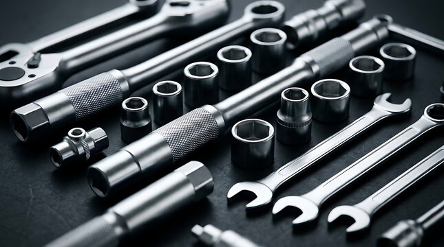 Precision steel socket wrenches and spanner tools set arranged neatly for garage maintenance and mechanical tasks