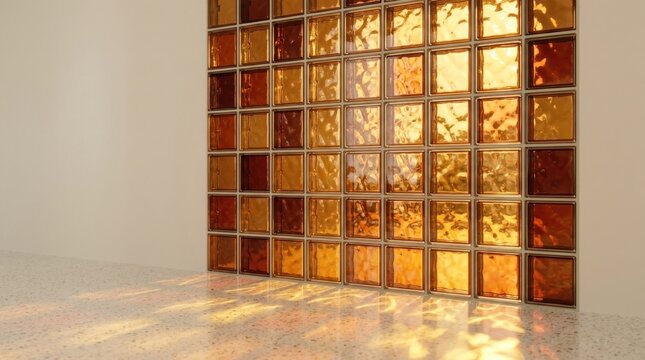 A modern, minimalist glass block wall with a warm, golden hue, featuring a mix of warm and cool tones, casting a soft, diffused light on the floor.
