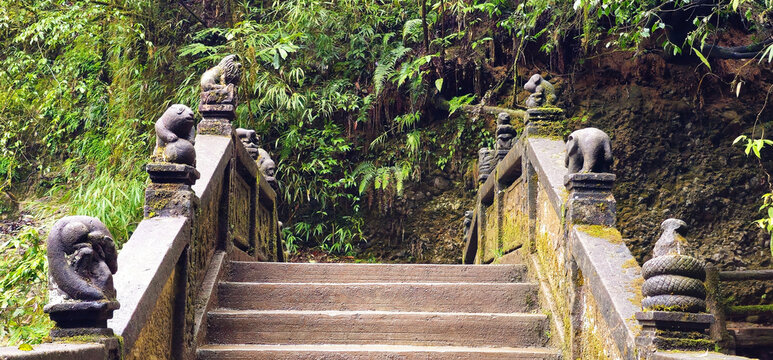 Ancient Moss-Covered Stone Steps with Animal Statues in a Lush Rainforest