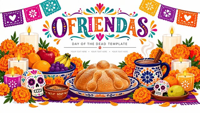 Colorful Day of the Dead altar template with pan de muerto, marigolds, candles, fruit, sugar skulls, and papel picado surrounding the word &ldquo;OFRENDAS.&rdquo;