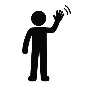 Stick figure silhouette waving hello gesture with waving hand waving person friendly gesture social interaction black and white minimalist icon simple design human gesture greetings friendly