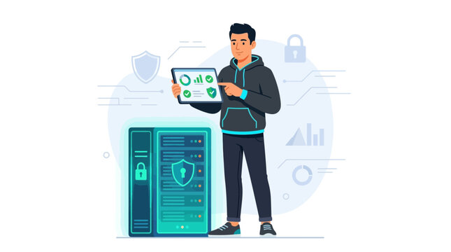 Man with Tablet and Server Rack Illustrating Cybersecurity and Data Protection Concepts