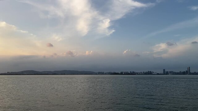 4K Cloudy Sunset City Skyline Water Ripples Suzhou
