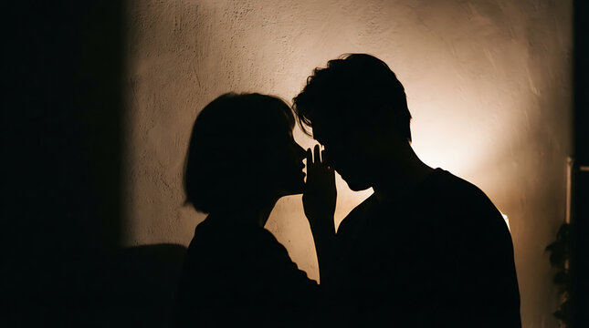Silhouette of a man whispering a secret to a woman in a dimly lit room with body language whispering silhouette communication intimate mysterious darkness dialogue connection relationship