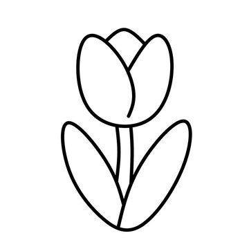 A clean and simple black line art illustration of a single tulip flower with two leaves centered on a gray backdrop. Ideal for minimalist logo designs or spring floral icons.