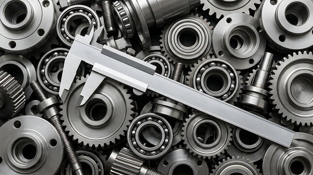 Industrial quality control concept featuring precision measuring tools and metallic gear wheels