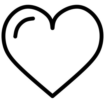 A clean minimalist heart icon featuring a bold black outline and a single highlight mark on the upper left curve. Professional vector graphic. Perfect for romantic or healthcare UI designs.