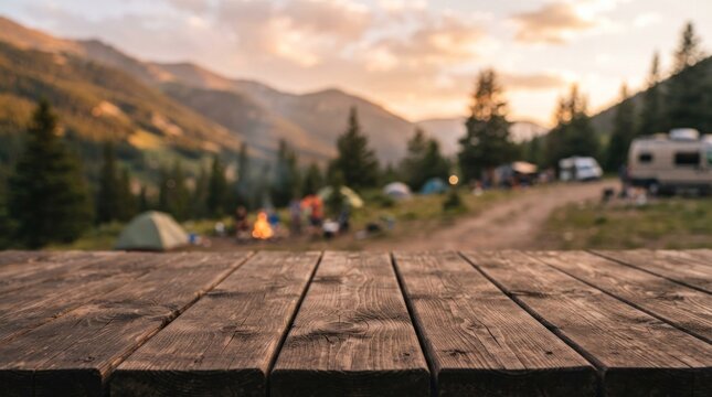 Wooden table top with a scenic mountain view in the background, featuring a tent and RV campsite with people and a fire pit.