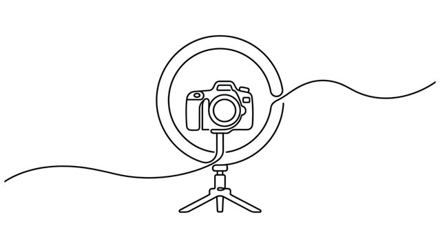 Continuous line of a digital camera mounted on a circular ring light with a tripod, minimalist black and white style