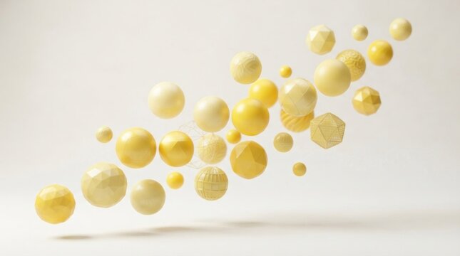 A collection of yellow spheres and geometric shapes floating in mid-air against a white background.