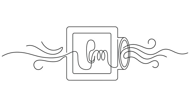Continuous line of a square ventilation duct or blower unit with flowing air currents, isolated on a white background, black ink