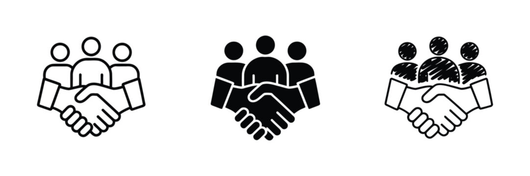 Team handshake icons featuring partnership and community cooperation symbols in three graphic styles for business, teamwork, and unity