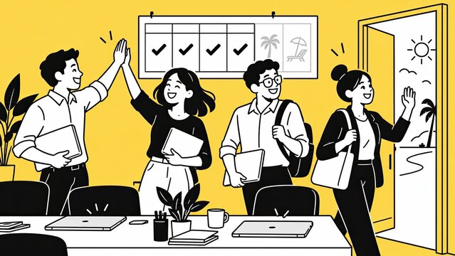 Illustration of a diverse team celebrating a four-day work week in a bright modern office with a four-day calendar and sunny day off.