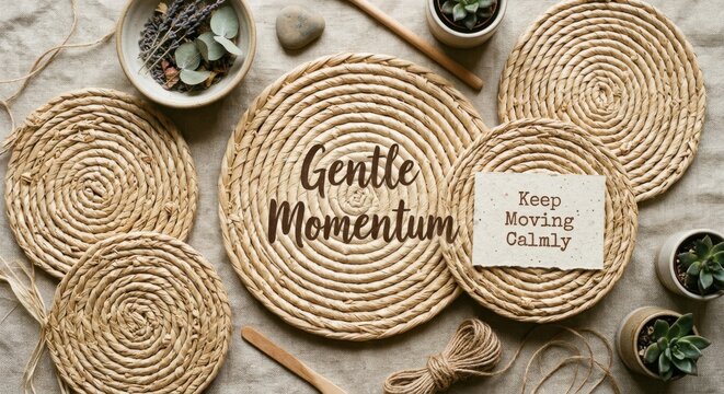 Woven Raffia Coasters and Placemats with Inspirational Message, Rustic Home Decor Flatlay