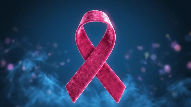 Pink velvet awareness ribbon floating over dark blue bokeh background