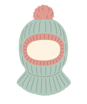 Knitted Balaclava with Pom Pom Cute Winter Headwear Illustration