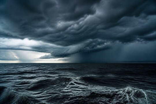 Storm clouds gathering over rough ocean surface at horizon