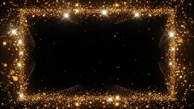 Luxury golden glitter frame with glowing particles and shiny sparkles on black background
