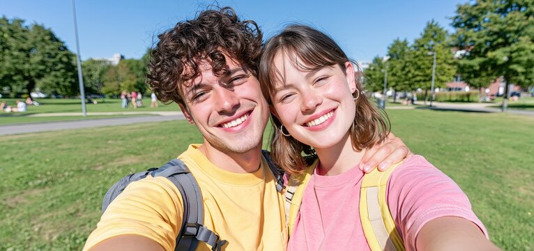 Happy young couple taking a sunny selfie outdoors surrounded by lush greenery and bright clothing.