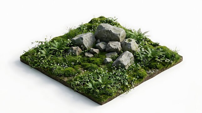 Natural square terrain sample with moss covered stones green grass and small wildflowers isolated on white background