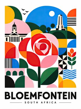 Colorful geometric travel poster celebrating Bloemfontein, South Africa, with stylized architecture, landscapes, flowers, birds, and bold typography.