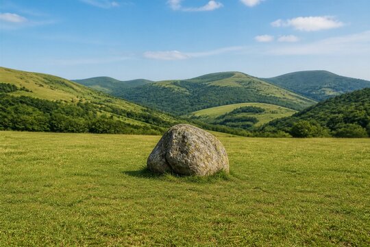 Solitary boulder sitting in grassy valley with rolling hills