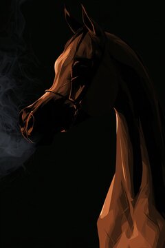 Arabian horse neighing softly with visible breath in a dim stable aisle featuring