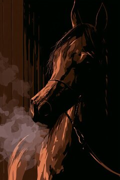Arabian horse neighing softly with visible breath in a dim stable aisle featuring