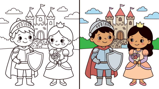 Vintage illustration of a knight and princess before and after colorization