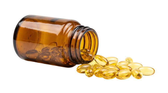 Amber glass bottle spilling yellow omega 3 fish oil capsules isolated on a white background