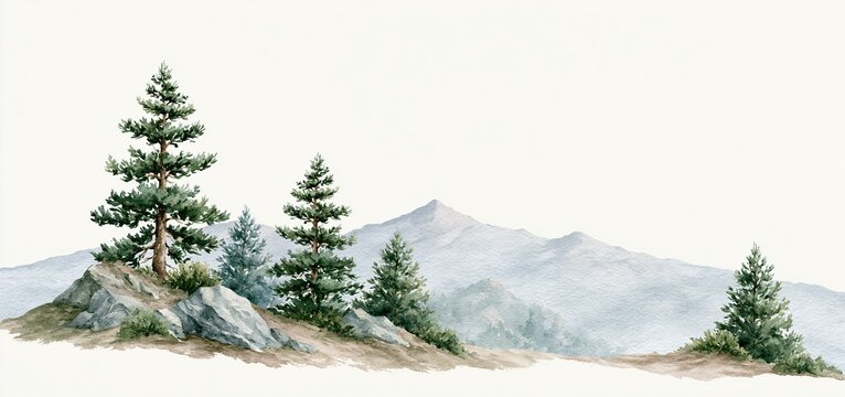 Wedding invitation set showcasing delicate mountain artwork with pine trees and soft pastel tones for rustic-themed events.