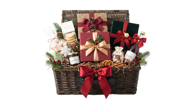 Christmas gift hamper filled with wrapped presents and gourmet food items in a wicker basket