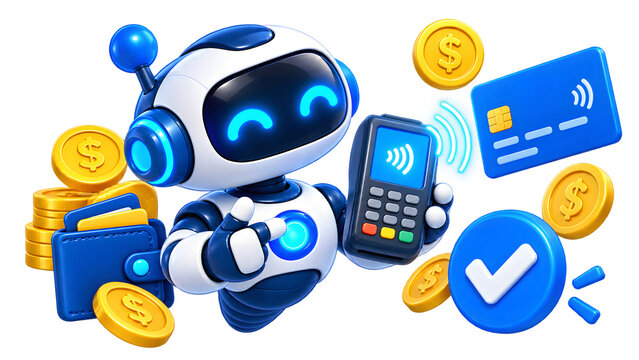 Cute robot mascot performing contactless digital payments with credit card