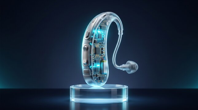 Futuristic transparent hearing aid revealing miniature electronic components under electric cyan and ice blue illumination, representing modern auditory healthcare technology.
