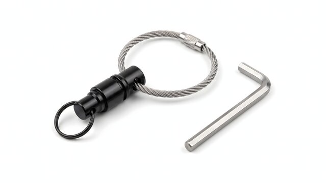Black magnetic quick release keychain with steel wire loop and hex key.