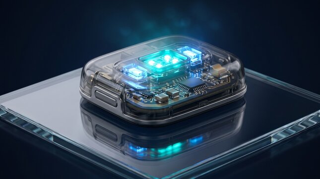 Futuristic optical heart rate sensor module with translucent electronics illuminated in electric cyan and ice blue, representing wearable health monitoring technology.