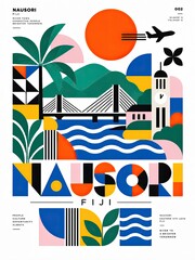 Obraz premium Colorful geometric travel poster featuring Fiji-inspired mountains, bridge, ocean waves, tropical leaves, sun, airplane, and stylized architectural forms.