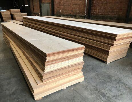 Stacked wooden planks of various sizes arranged neatly in a warehouse, showcasing natural wood grain and texture under industrial lighting