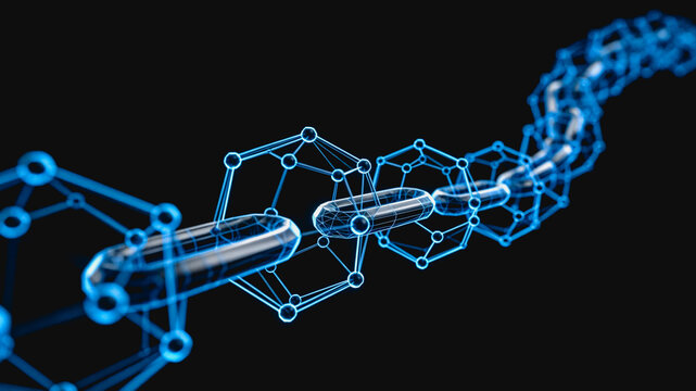 A 3D rendered abstract blockchain structure with glowing blue nodes, representing digital network and decentralized technology.