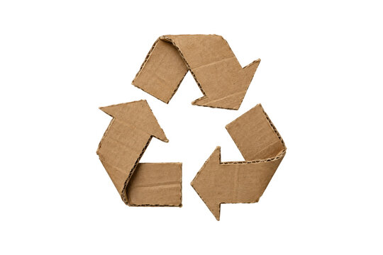 Handmade recycling symbol cut from used brown corrugated cardboard, isolated on a clean white background, representing sustainability, reuse, waste reduction, and eco-friendly packaging