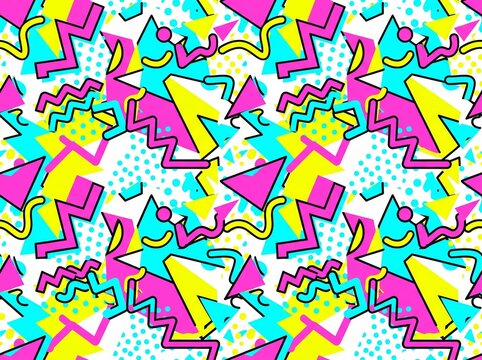 Abstract 1980s or 1990s Memphis Style Geometric Seamless Pattern