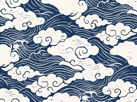 Seamless Pattern of Traditional Japanese Clouds and Sea Waves